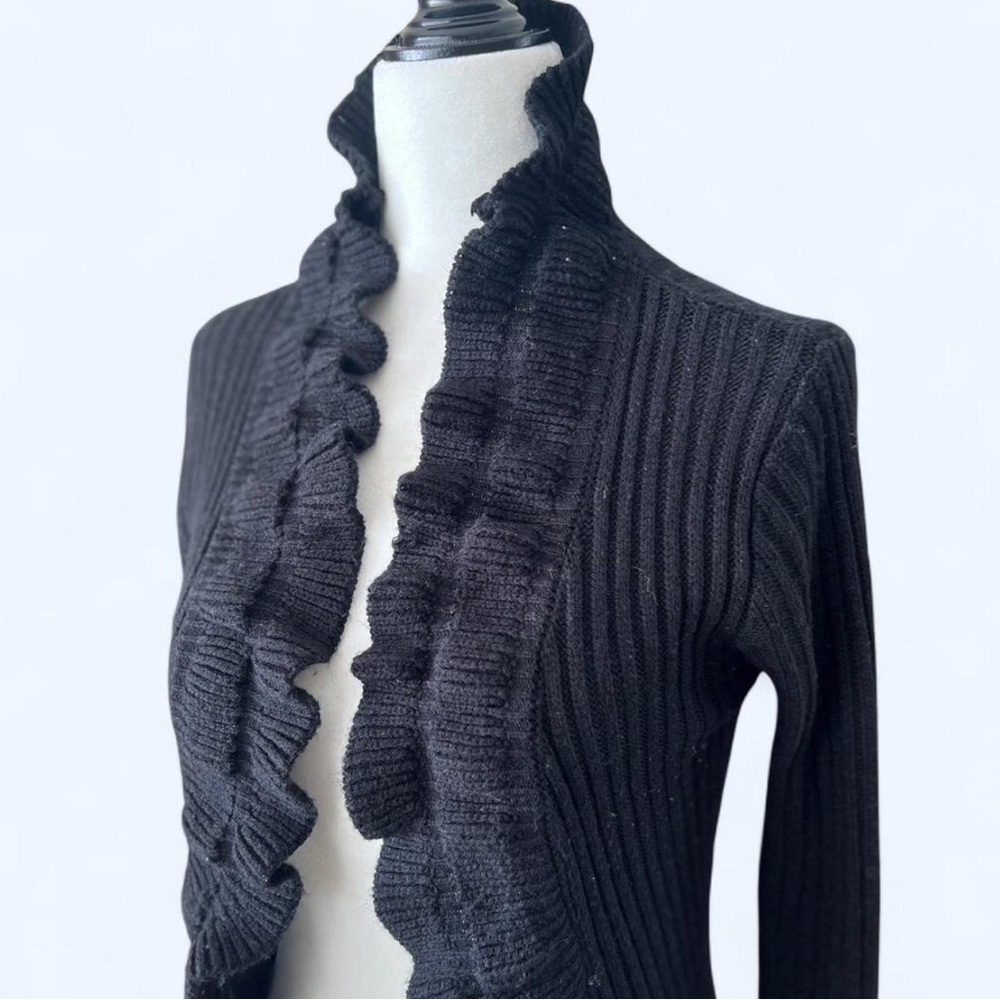 Majora Womens Black Ruffle Ribbed Grunge Goth Cascade Fairy Open Cardigan Small